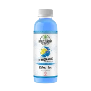 A bottle of Barfly's hemp-derived THC Lemonade Mixer. Blue Raspberry Flavor. Transparent background.