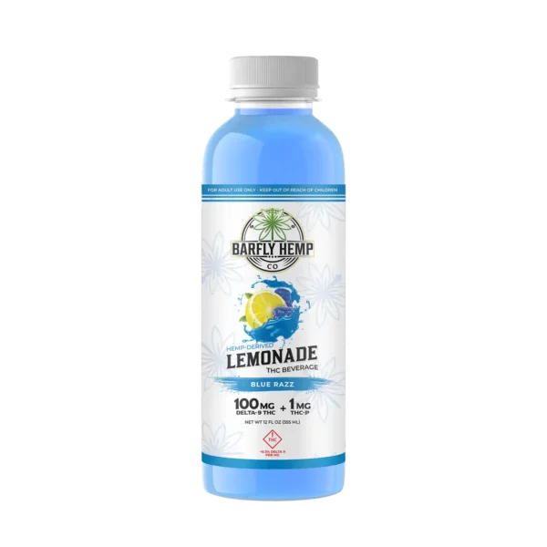 A bottle of Barfly's hemp-derived THC Lemonade Mixer. Blue Raspberry Flavor. Transparent background.