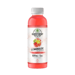 A bottle of Barfly's hemp-derived THC Lemonade Mixer. Fruit Punch Flavor. Transparent background.