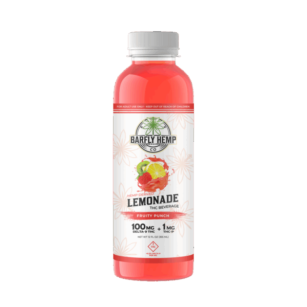 A bottle of Barfly's hemp-derived THC Lemonade Mixer. Fruit Punch Flavor. Transparent background.