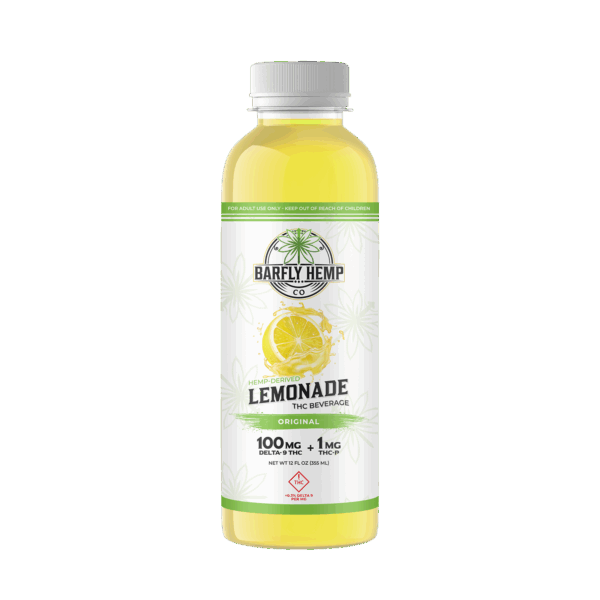 A bottle of Barfly's hemp-derived THC Lemonade Mixer. Classic Lemonade Flavor. Transparent background.