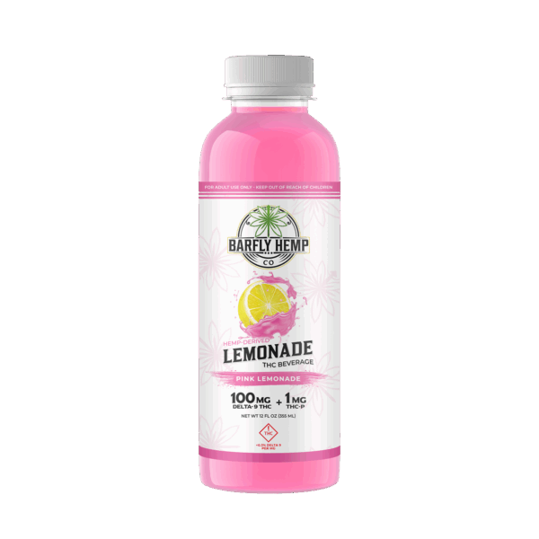 A bottle of Barfly's hemp-derived THC Lemonade Mixer. Pink Lemonade Flavor. Transparent background.