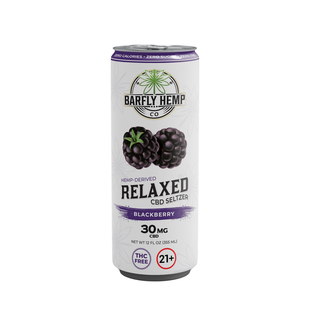 A can of Barfly's hemp-derived Relaxed CBD Seltzer. Blackberry Flavor