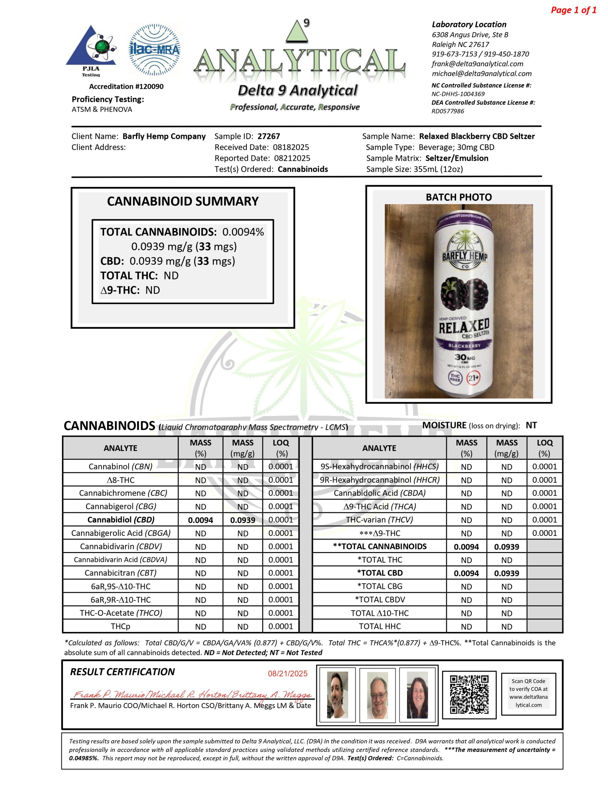 Barfly Blackberry CBD Seltzer COA