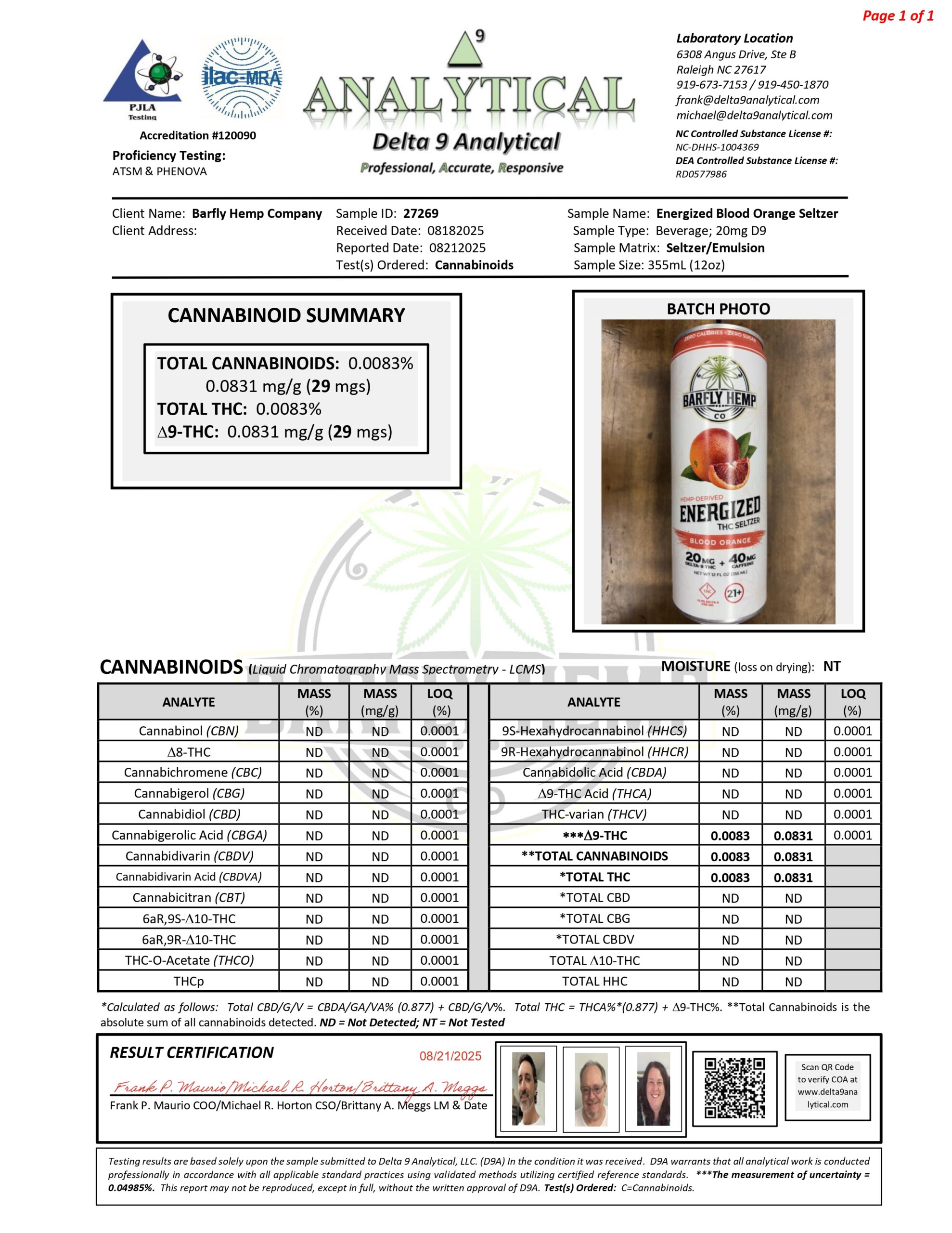 Barfly Energized Blood Orange Seltzer COA