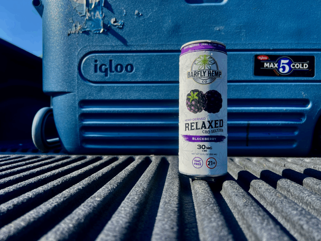 A can of Barfly Hemp Co. Relaxed Blackberry CBD seltzer stands upright in the bed of a truck in front of a blue Igloo cooler. The photo highlights the can’s design with bold blackberry graphics, purple accents, and hemp-derived branding.