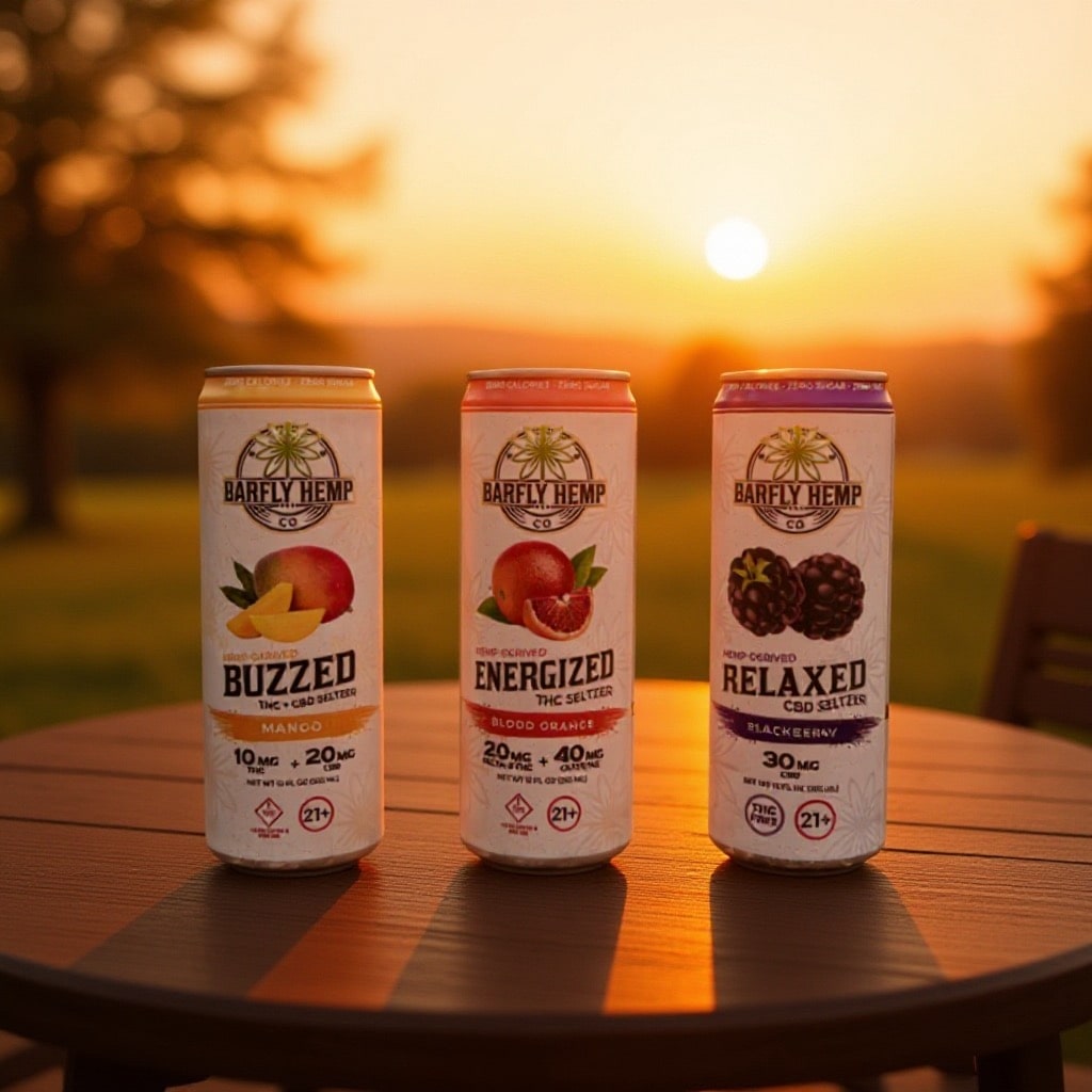 The Barfly Hemp Co seltzer trio on a wooden table at sunset